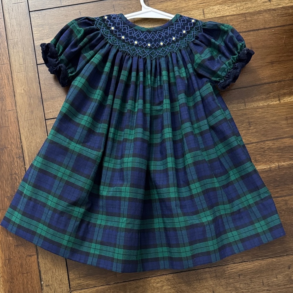 Classic Whimsy Hamilton Plaid Navy & Green Smocked dress 6m